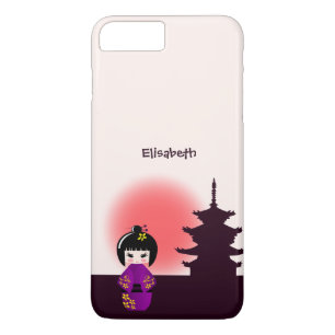 Japanse kokeshi-pop bij tempel tijdens zonsonderga 	iPhone 8 plus / 7 plus hoesje