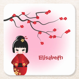 Japanse kokeshi-pop op naam van sakura-meisje vierkante kartonnen onderzetter