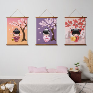 Japanse Kokeshi-poppen - Geisha-meisjes set van 3 Hangend Wandkleed