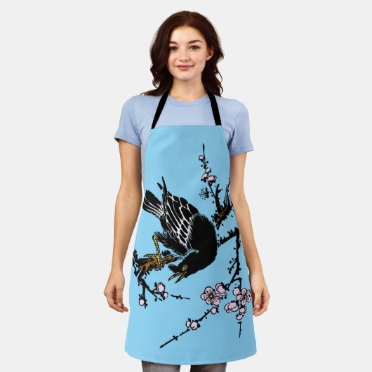  Japanse kraai en kersenbloesems Schort (Gedragen)