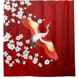 Japanse Kraan Witte Kersenbloesem Rood Douchegordijn