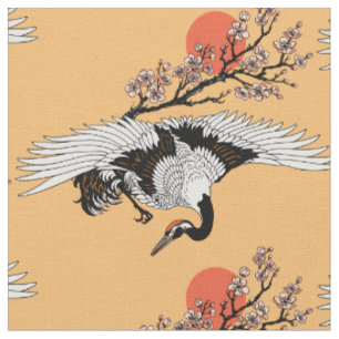 Japanse kraanvogel en bloeiende sakura stof