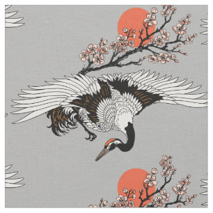 Japanse kraanvogel en bloeiende sakura stof