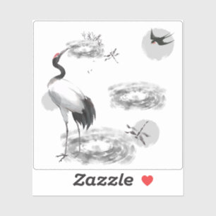 Japanse Kraanvogel & Zen Vijver - Sumi-e Inkunst Sticker