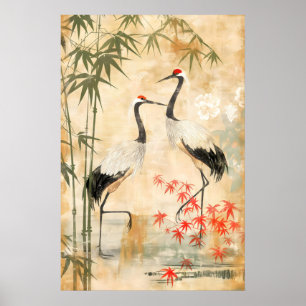 Japanse Kraanvogels & Bamboe Kunstprint Textured Poster