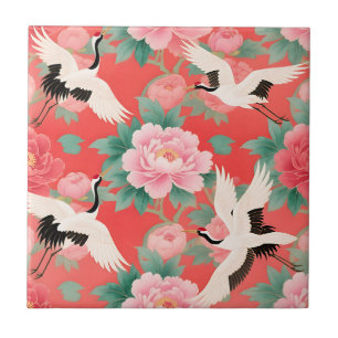 Japanse Kraanvogels Pioenrozen Rood Chinoiserie El Tegeltje