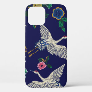 Japanse kranen, golven en bloemen. Embroiderziekte iPhone 12 Hoesje
