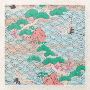 Japanse kranen op Waves Pattern Glazen Onderzetter