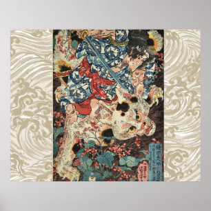 JAPANSE KRIGER DOODT EEN MONSTREUZE KAT Ukiyoe Poster
