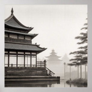 JAPANSE KUNST  DORPSLANDSCHAP ZWART WIT POSTER