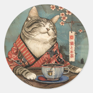 japanse kunst happy cat met een kopje thee ronde sticker
