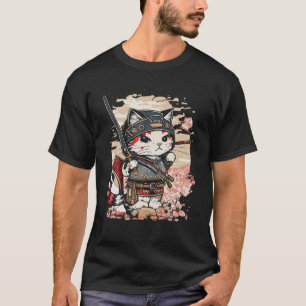 Japanse Kunst Kat Ninja Ukiyo e Anime Stijl Samura T-shirt
