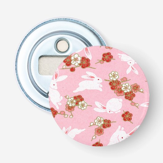 Japanse kunst: Roze Sakuras & Rabbits Button Flesopener (Voorkant)