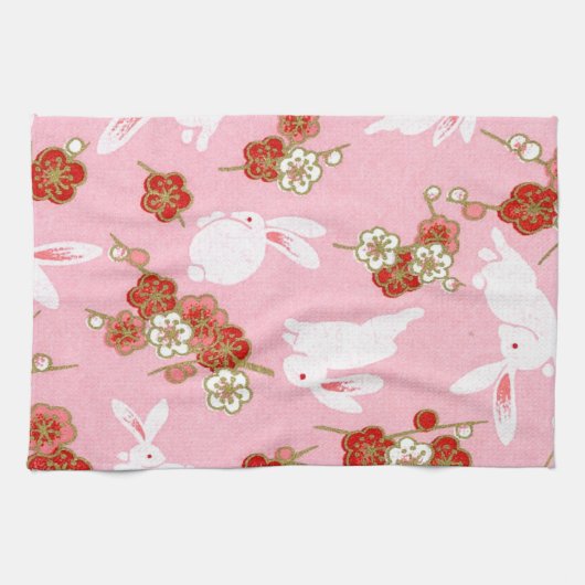 Japanse kunst: Roze Sakuras & Rabbits Kitchen Towe Theedoek (Horizontaal)