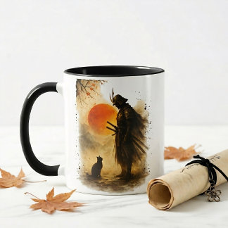  Japanse Kunst Samurai Krijger & Zwarte Kat Koffie Mok