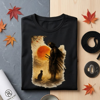 Japanse Kunst Samurai Krijger & Zwarte Kat T-shirt