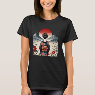 Japanse kunst zonsondergang Mountain Floral Geish T-shirt