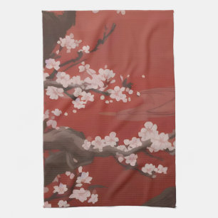 Japanse kunststijl Witte Kersenbloesem Rood Theedoek