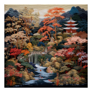 Japanse landschapskunst: waterval en dorp perfect poster