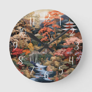 Japanse landschapskunst: waterval en dorp ronde klok
