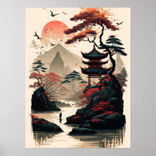 Japanse Landschapskunstprint – Zen-tempel Poster