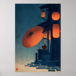Japanse Lantaarn Nacht Scène Muurkunst Regenachtig Poster