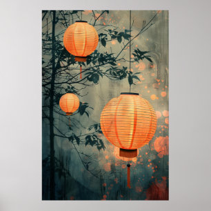Japanse lantaarns 's nachts – warme aquarel kunst poster