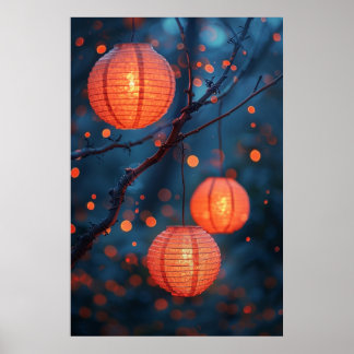 Japanse lantaarns 's nachts – warme aquarel kunst poster