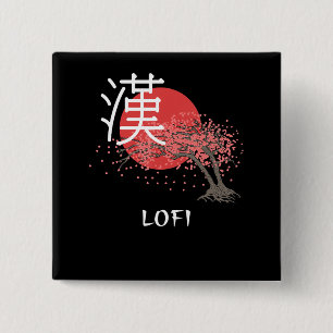 Japanse Lofi Hip Hop Kanji Cherry Blossom Lofi Vierkante Button 5,1 Cm