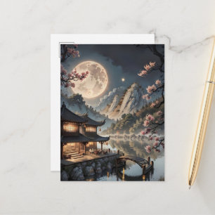 Japanse maanverlichte dorpsfantasie ansichtkaart briefkaart