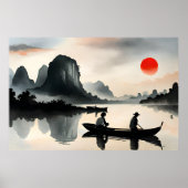 japanse Mannen zeilboot avond rivierlandschap Poster (Voorkant)