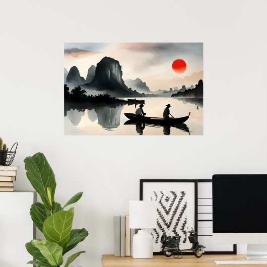 japanse Mannen zeilboot avond rivierlandschap Poster (Thuiskantoor)