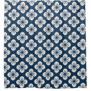 Japanse marineblauwe ivoorkleurige bloem geometris douchegordijn