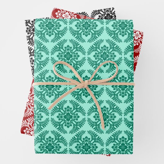 Japanse medaillon patroon, Aqua. Rood, zwart/wit Inpakpapier Vel (In situ)
