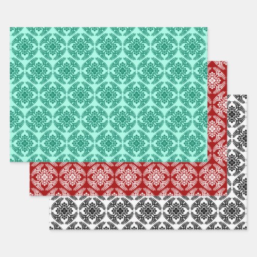 Japanse medaillon patroon, Aqua. Rood, zwart/wit Inpakpapier Vel (Set)