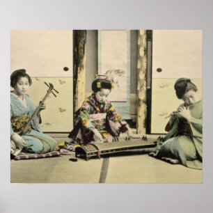 Japanse meisjes die de flute, 'koto' en de samis s poster