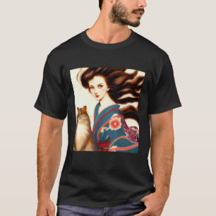 Japanse ouderwetse schoonheid en kat t-shirt