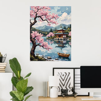 Japanse pagode aan een meer poster