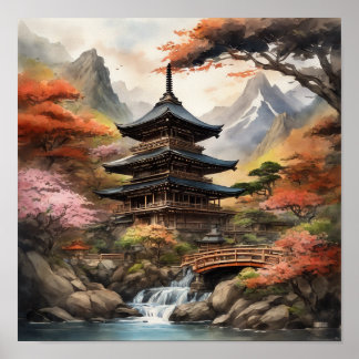Japanse pagode bij een waterval poster