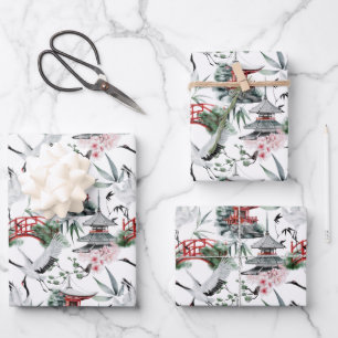 Japanse Pogoda, Bridge, Cranes en Blossom Inpakpapier Vel