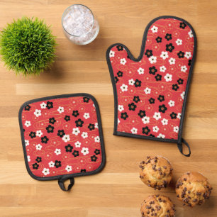 Japanse Red Sakura Cherry Blossom Flowers Ovenwant & Pannenlap Set