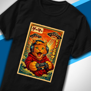 Japanse Retro Vintage UFO Kat Grafisch Grappige Ga T-shirt
