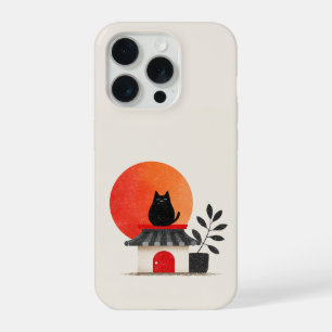 Japanse Retro Zonsondergang Zwarte Kat Dak iPhone 15 Pro Hoesje