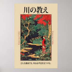 Japanse rivierlandschap kunstprint dame in kimono poster