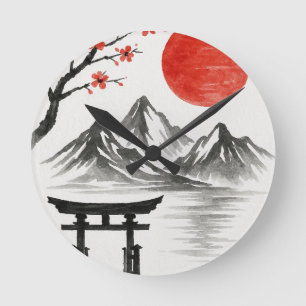 Japanse Rode Zon Berglandschap Accent Mok Ronde Klok