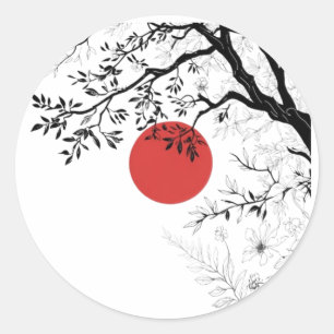 Japanse Rode Zon & Kwast Boom Kunst Ronde Sticker