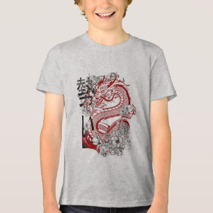Japanse Rood-Dragon Bloemkunst Tri-Blend Shirt