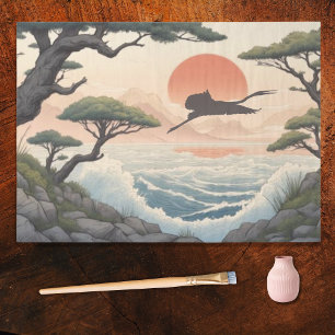 Japanse rotskust zonsondergang landschap en reiger tissuepapier