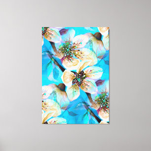 Japanse Sakura Cherry Tree Flowers in Aqua Blue Canvas Afdruk