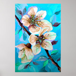 Japanse Sakura Cherry Tree Flowers in Aqua Blue Poster